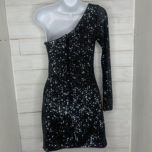 Windsor Womens Dazzling Diva Black Sequin One Shoulder Mini Dress - Size Small - Picture 5 of 9